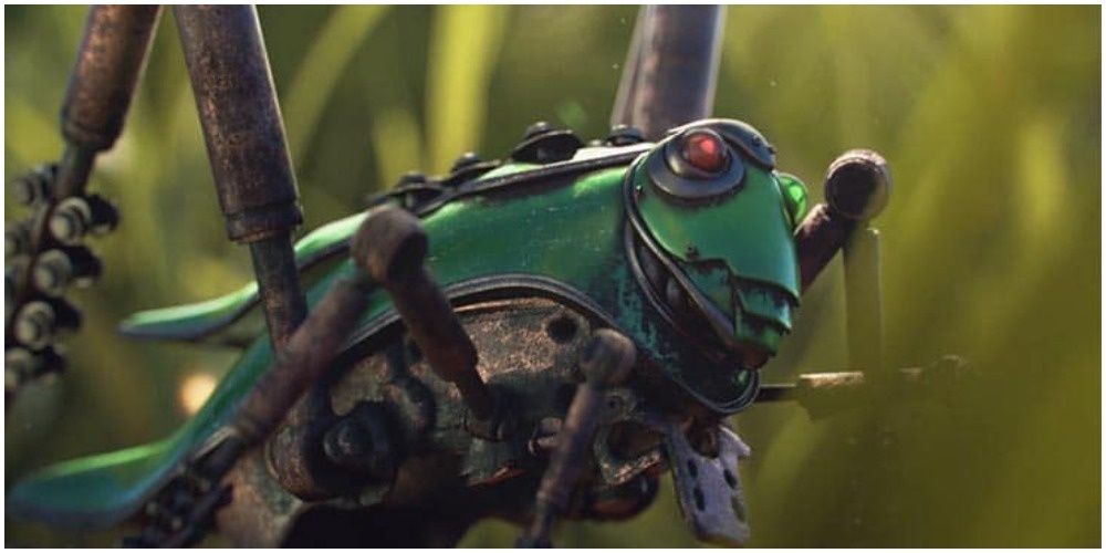 Close up of the Automaton from Biomutan. A metal Grasshopper.