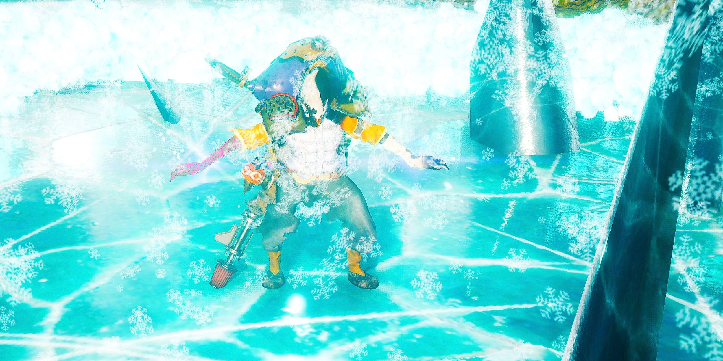 Player casting the Freeze Mutation in Biomutant. A wide area of ice with snow falling and ice spikes coming from the ground.