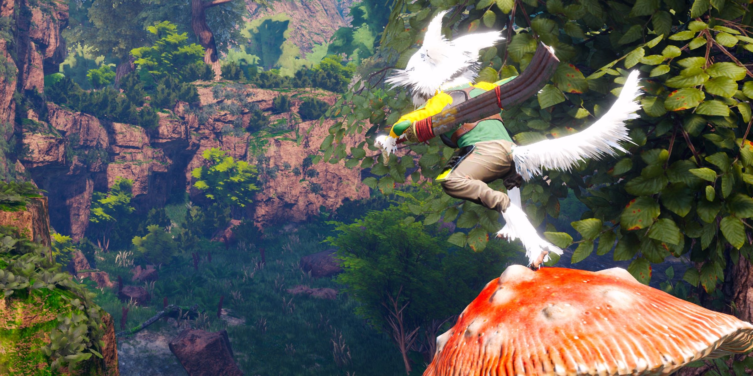 Player bouncing off of a mushroom they casted with the Fungi Mutation in Biomutant