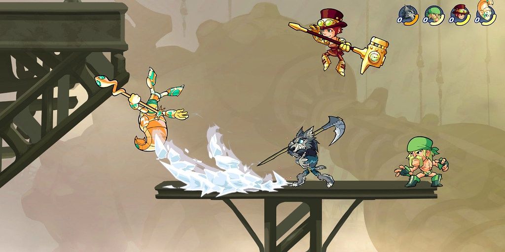 Brawlhalla characters fighting on a platform