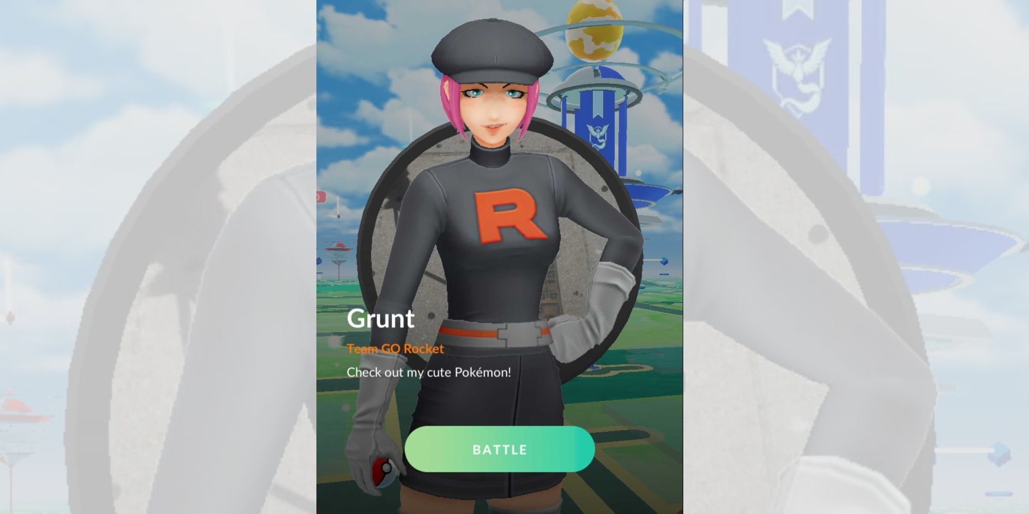 a screenshot of a female team go rocket grunt saying "check out my cute pokemon," which indicates that she uses fairy-types