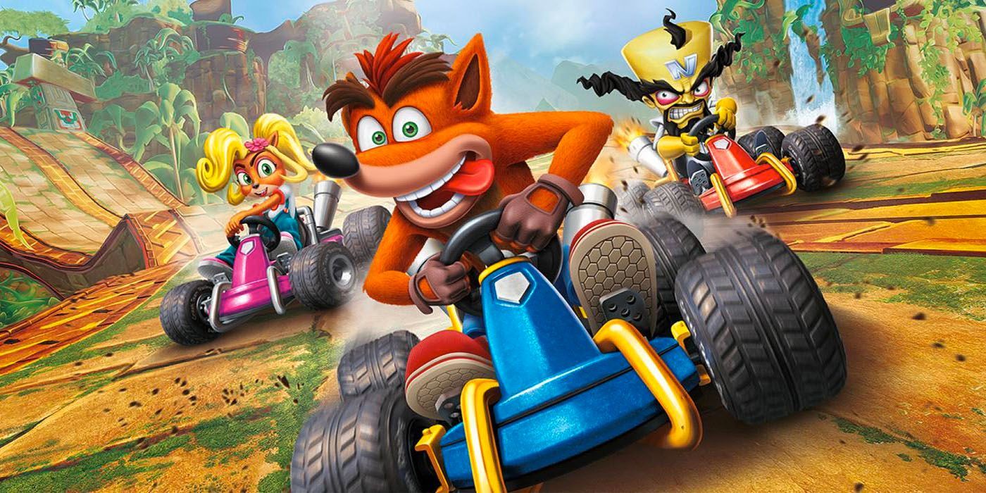 Crash, Coco, and Doctor Neo Cortex racing in Crash Team Racing Nitro-Fueled.