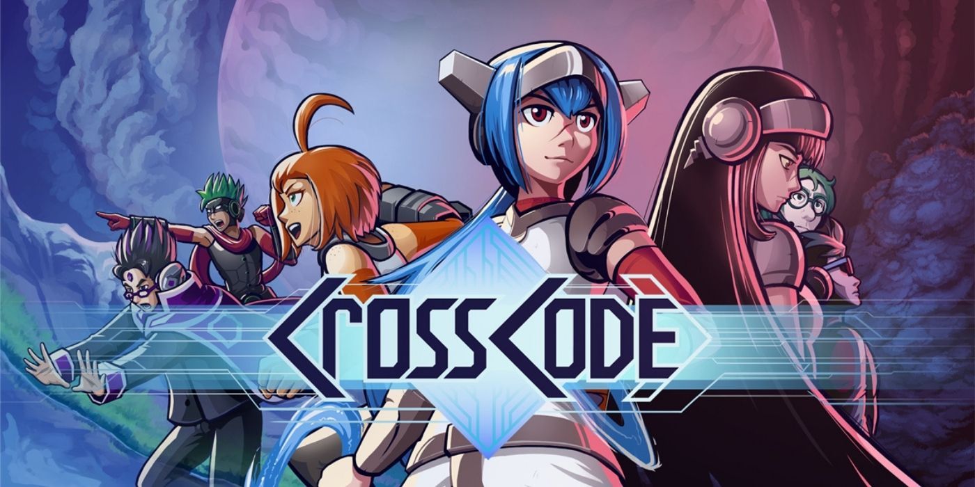 Cross Code Title Card, 7 Characters Doing Staged Poses In Front Of A Landscape