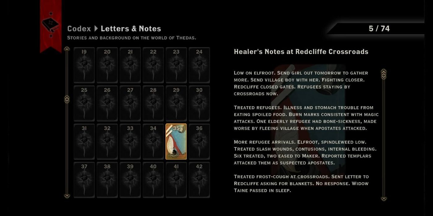 The codex entry for the healer's notes at Redcliffe Crossroads in DAI which is written in a way similar to how ME's Mordin speaks