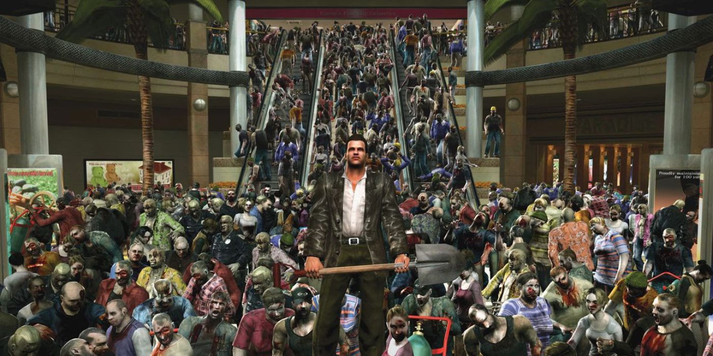 Frank West stands with a baseball bat in head as dozens of zombies surround him in a mall in Dead Rising