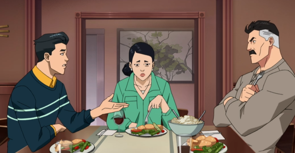 Debbie, Mark, and Omni-Man eating dinner in Invincible