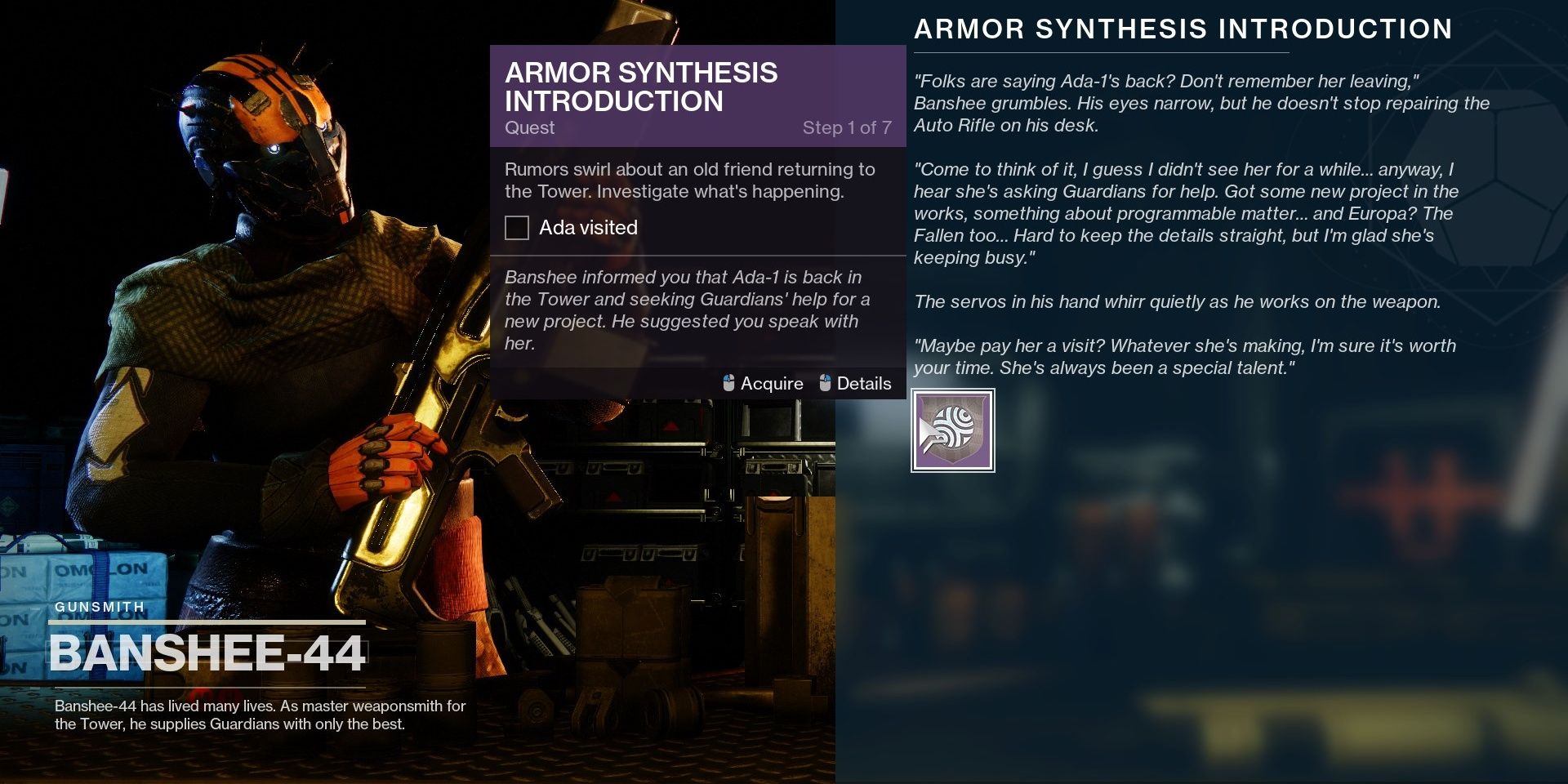 Destiny 2 Banshee-44 Armor Synthesis Introduction