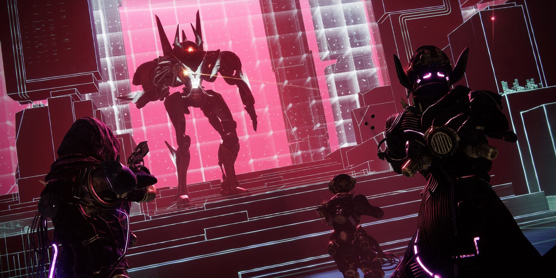 Destiny 2 three Guardians fighting a Vex Minotaur in the Vex Network
