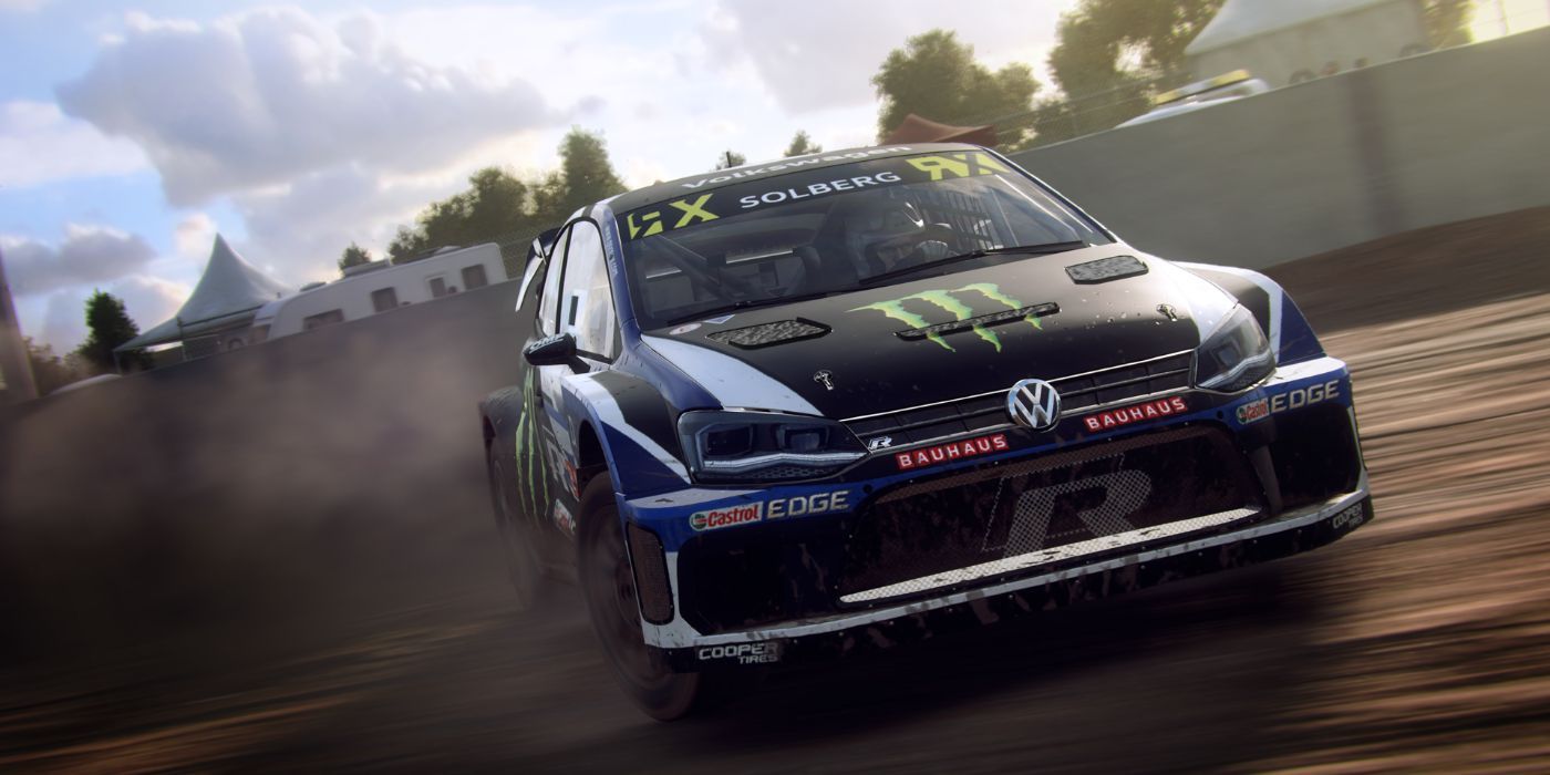 A Volkswagen Polo R Supercar drifts along the terrain in Dirt Rally 2.0