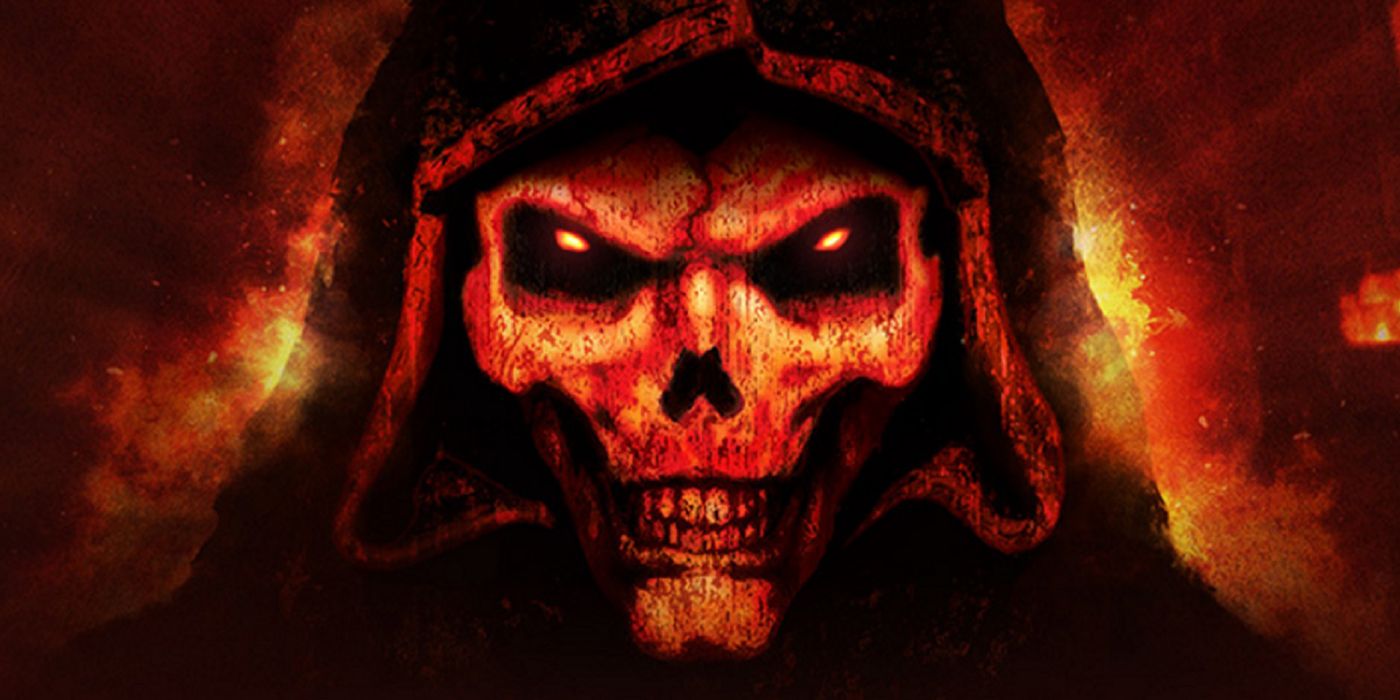 Diablo II Cover Art, A Hooded Skeleton In Front Of A Fiery Background