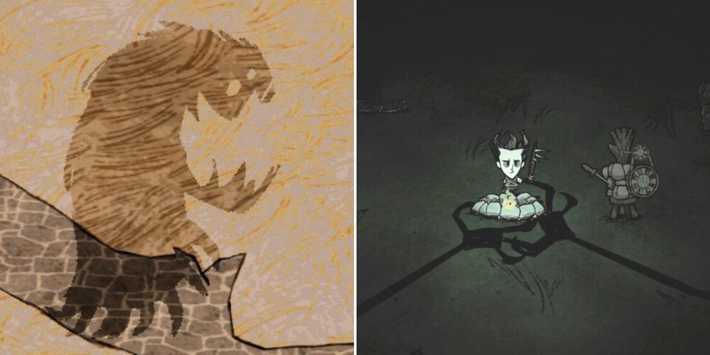 Don't Starve: A shadow creature - Two Night Hands approaching the campfire