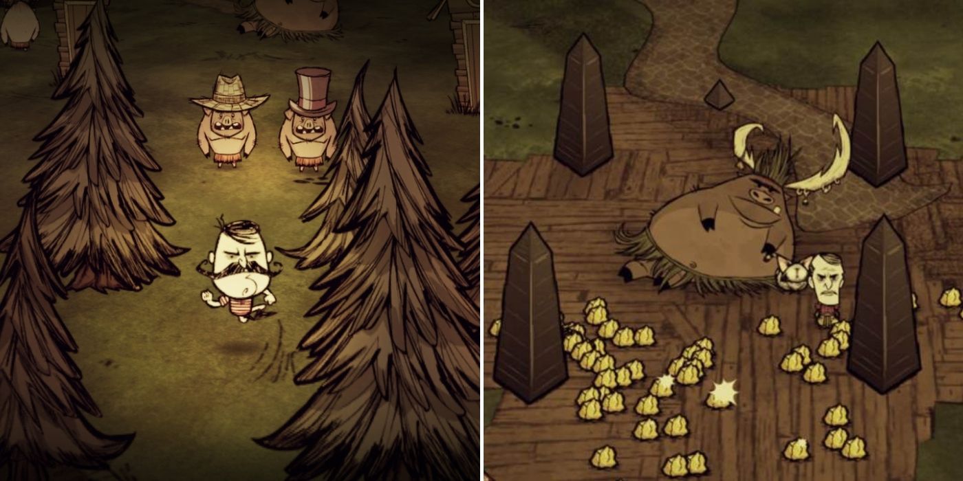 Don't Starve: A player standing before two pigs wearing hats - The Pig King surrounded by gold
