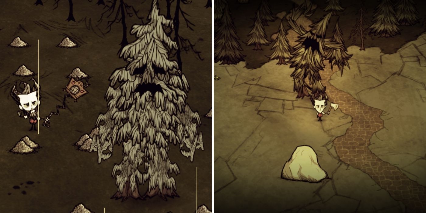 Don't Starve: A player standing next to a Treeguard - A Treeguard chasing a player