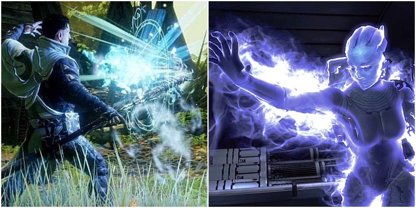 Dorian uses dispel in Dragon Age Inquisiton (left) and Liara unleashes a singularity in Mass Effect 1 (right)