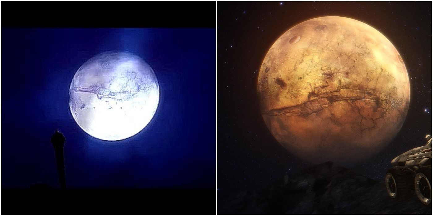 The moon in Dragon Age Origins (left) and Planet Klendagon when viewed from Presrop