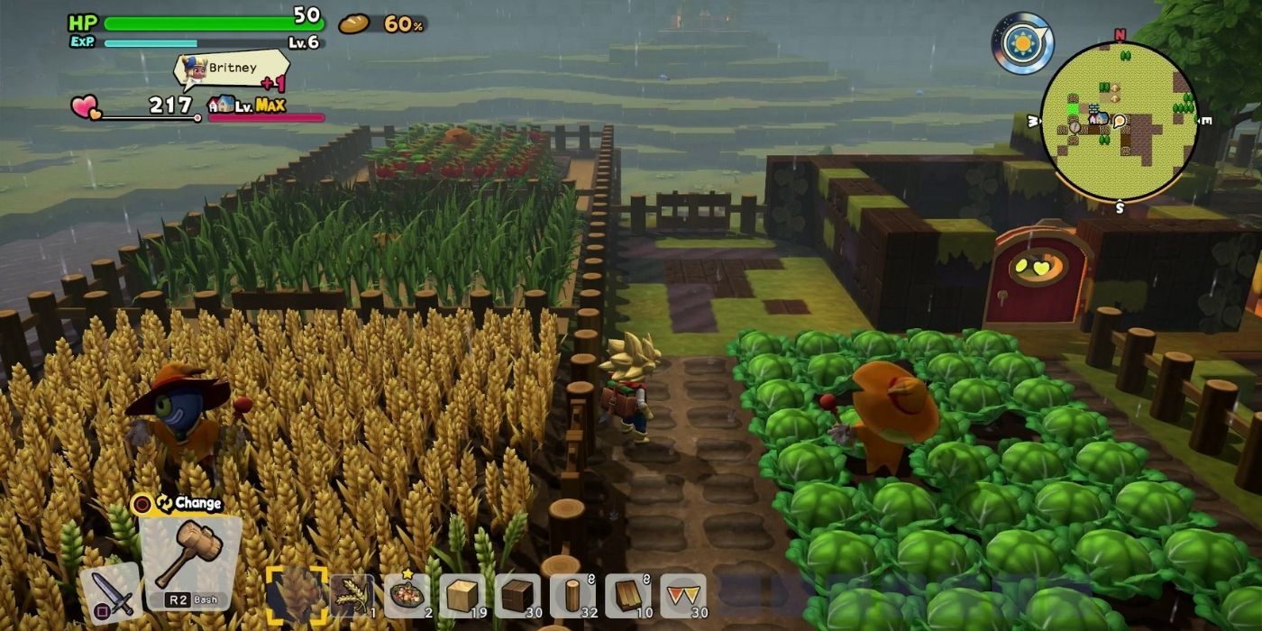 Dragon Quest Builders 2 Farms - Game screenshot of player running past four farm plots