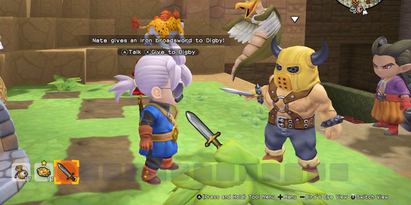 Dragon Quest Builders 2 Character Gives A Villager A Broadsword