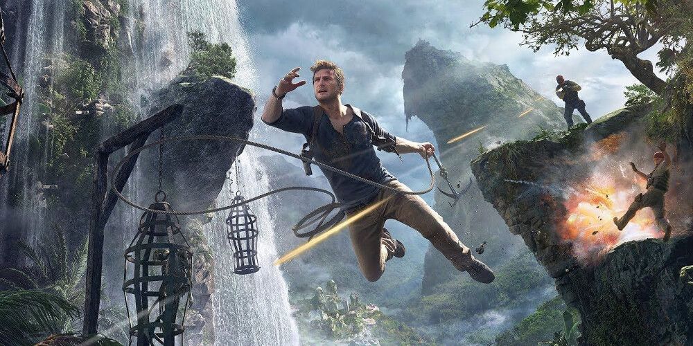 Nathan Drake Leaps From Cliff To Escape