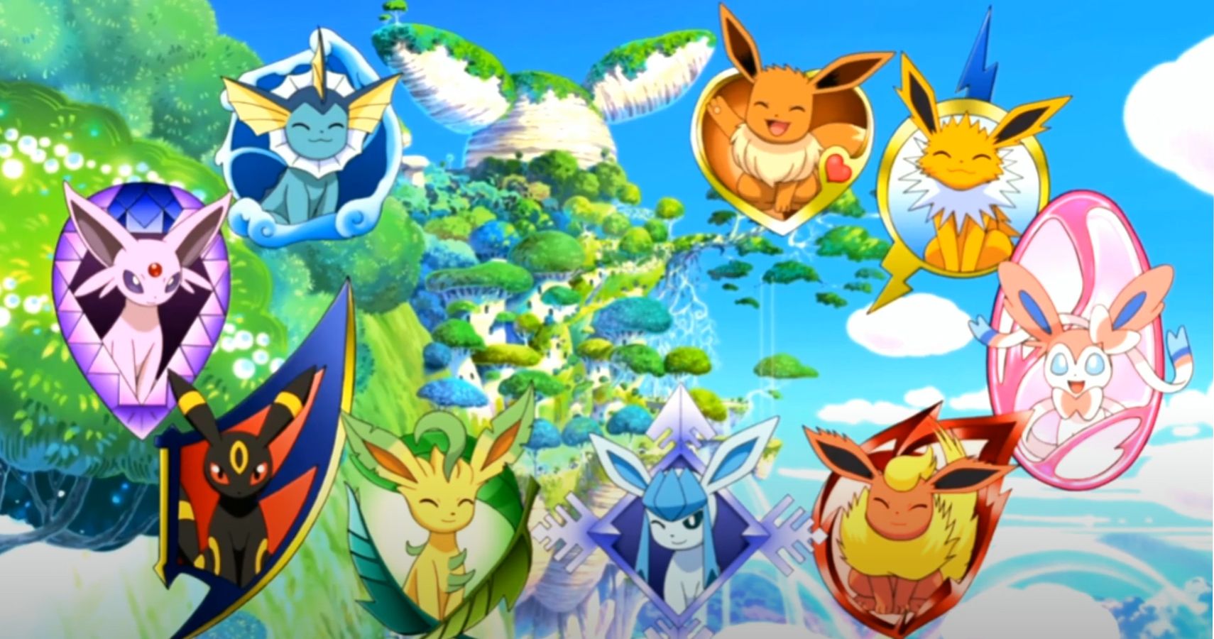 I want the eevee evolutions playing under a willow tree | Wallpapers.ai