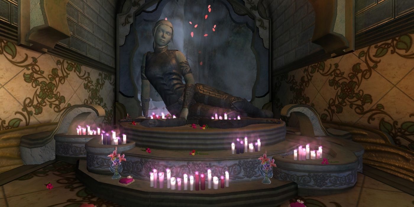 Erollisi Marr, EverQuest - Statue of the Goddess Surounded By Pink and White Candles and Flowers