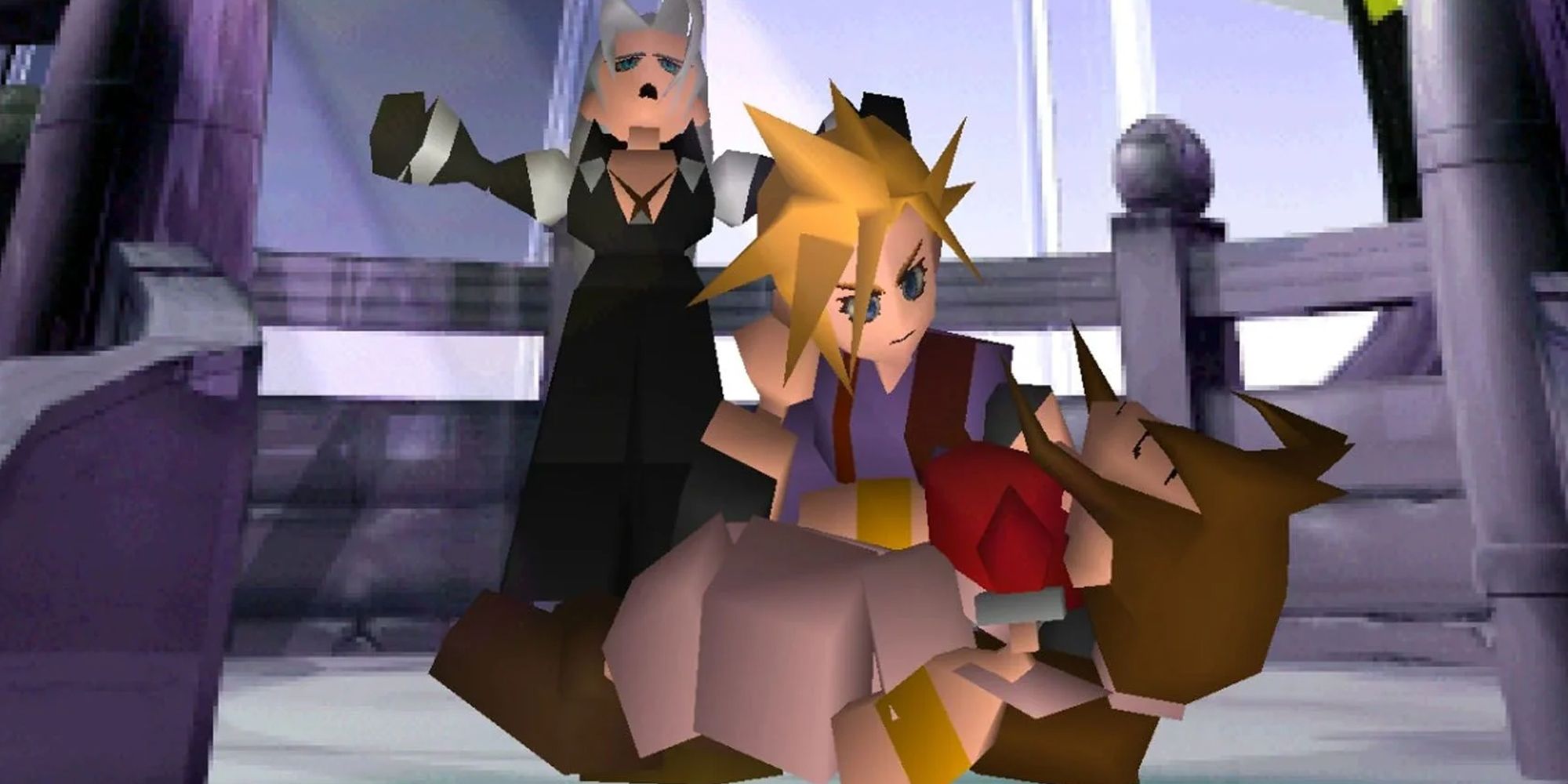 Cloud holding Aerith's body after Sephiroth stabs her