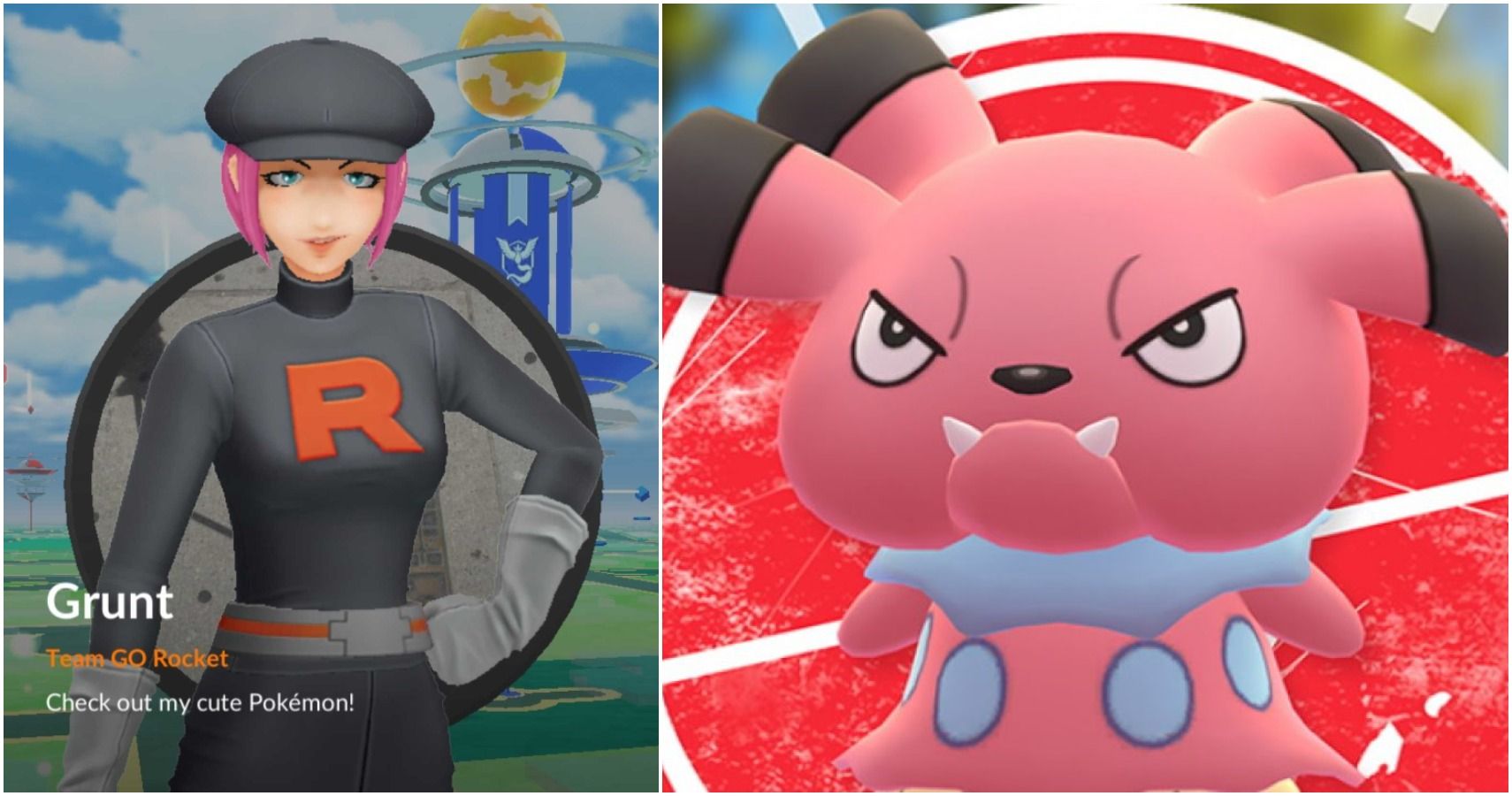 a split image with a female go rocket grunt and a snubbull