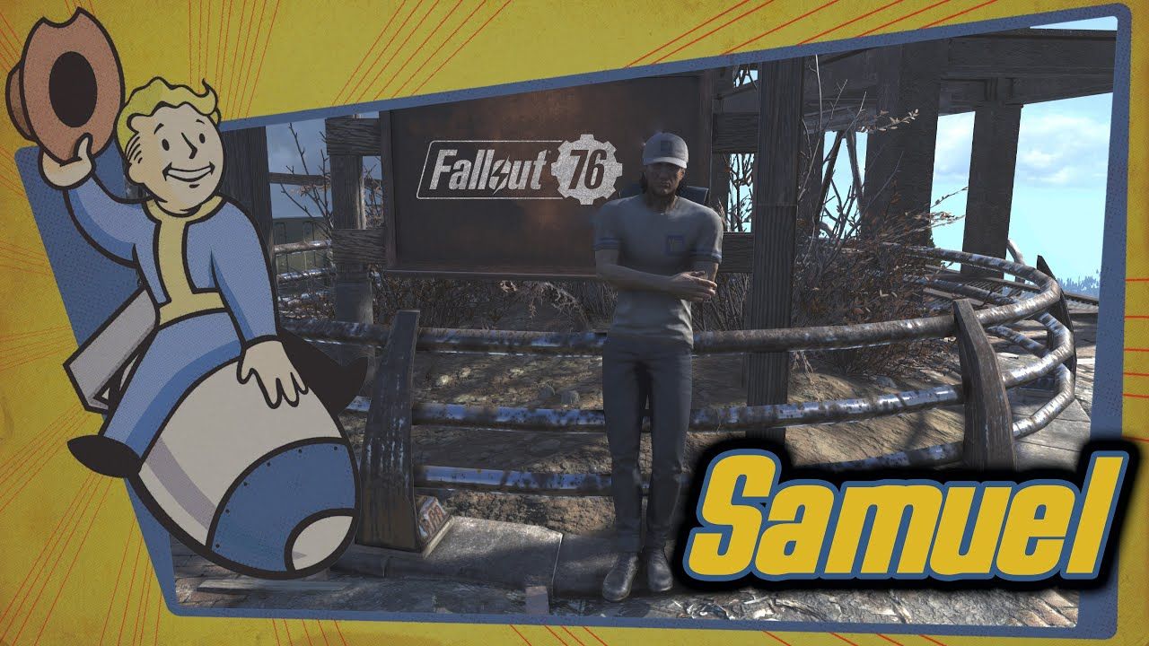 Samuel, the Settler's gold bullion trader, leaning against a rusted metal fence in Fallout 76.
