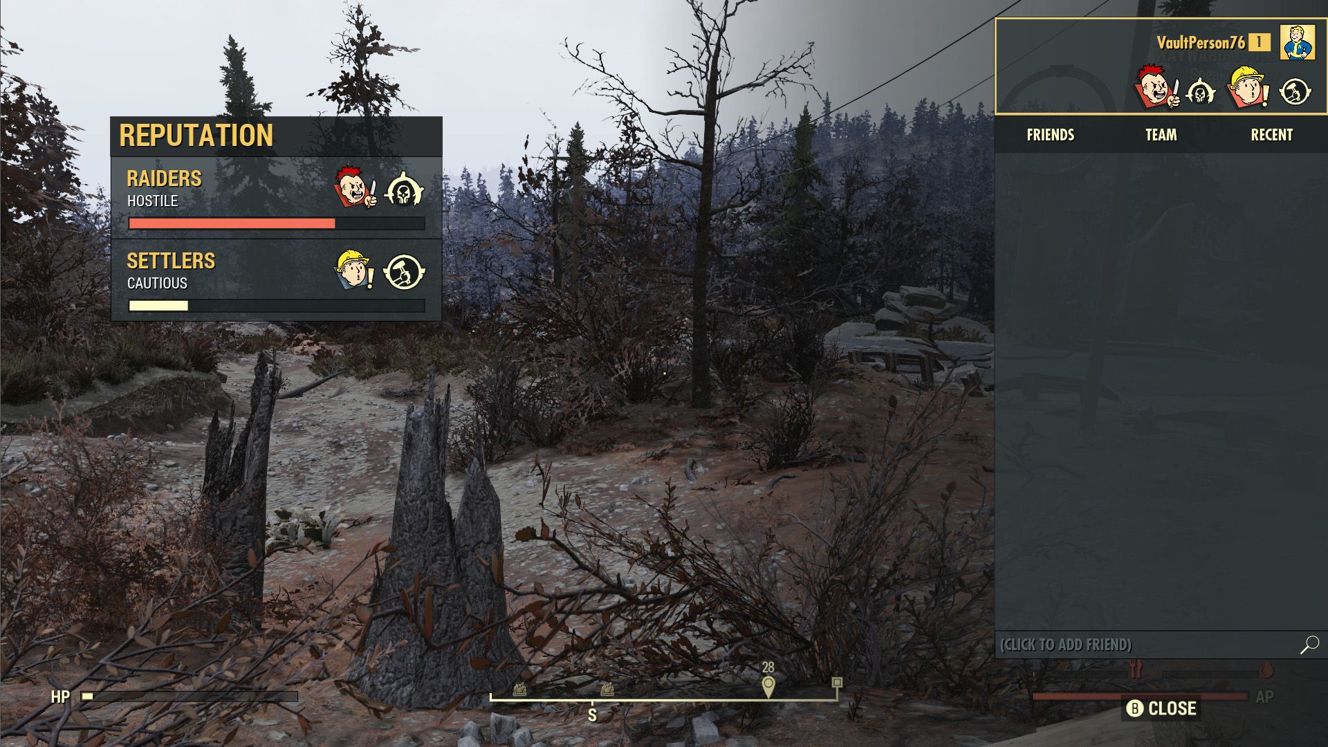 The Reputation progress bar in the social menu of Fallout 76.