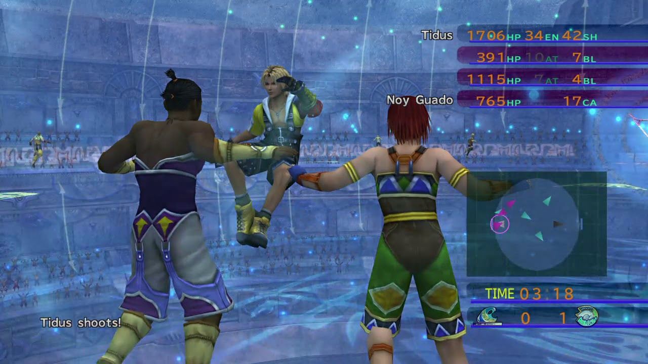 Final Fantasy 10 Tidus playing a Blitzball match with other players