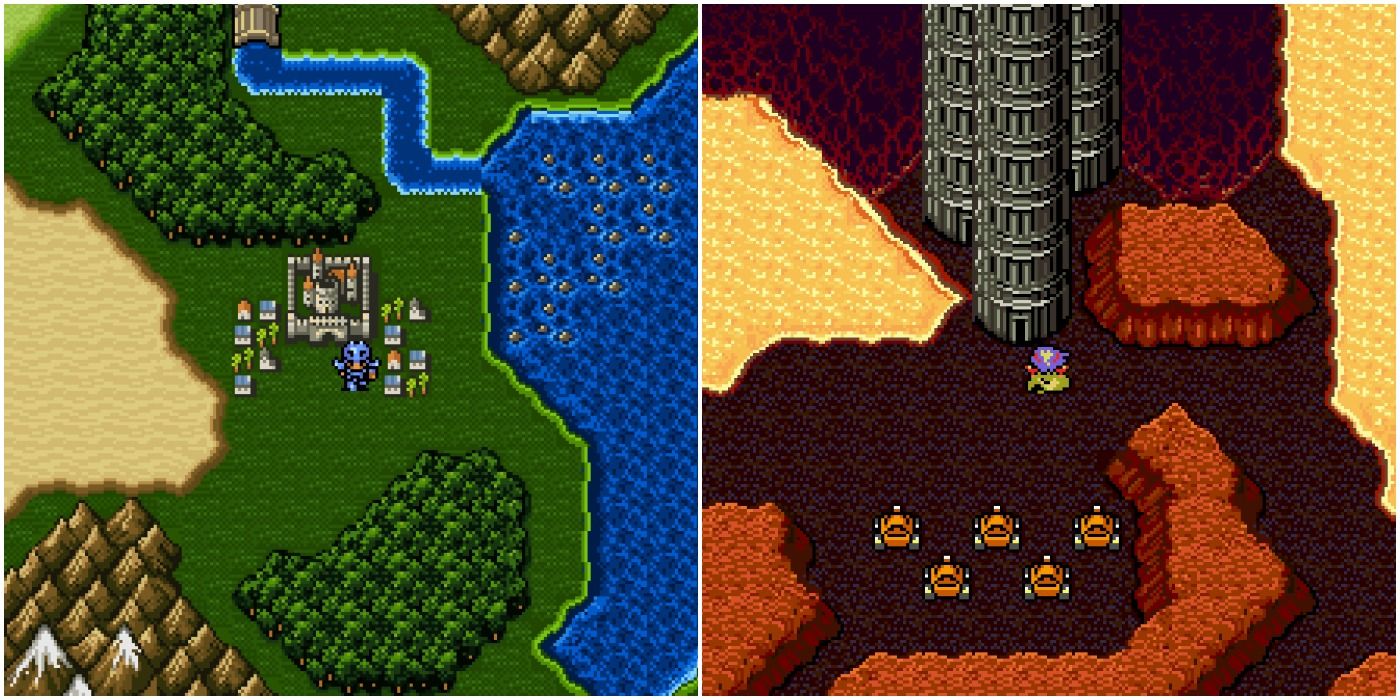 Split image showing Cecil from Final Fantasy 4 outside Baron and outside the Tower of Babil