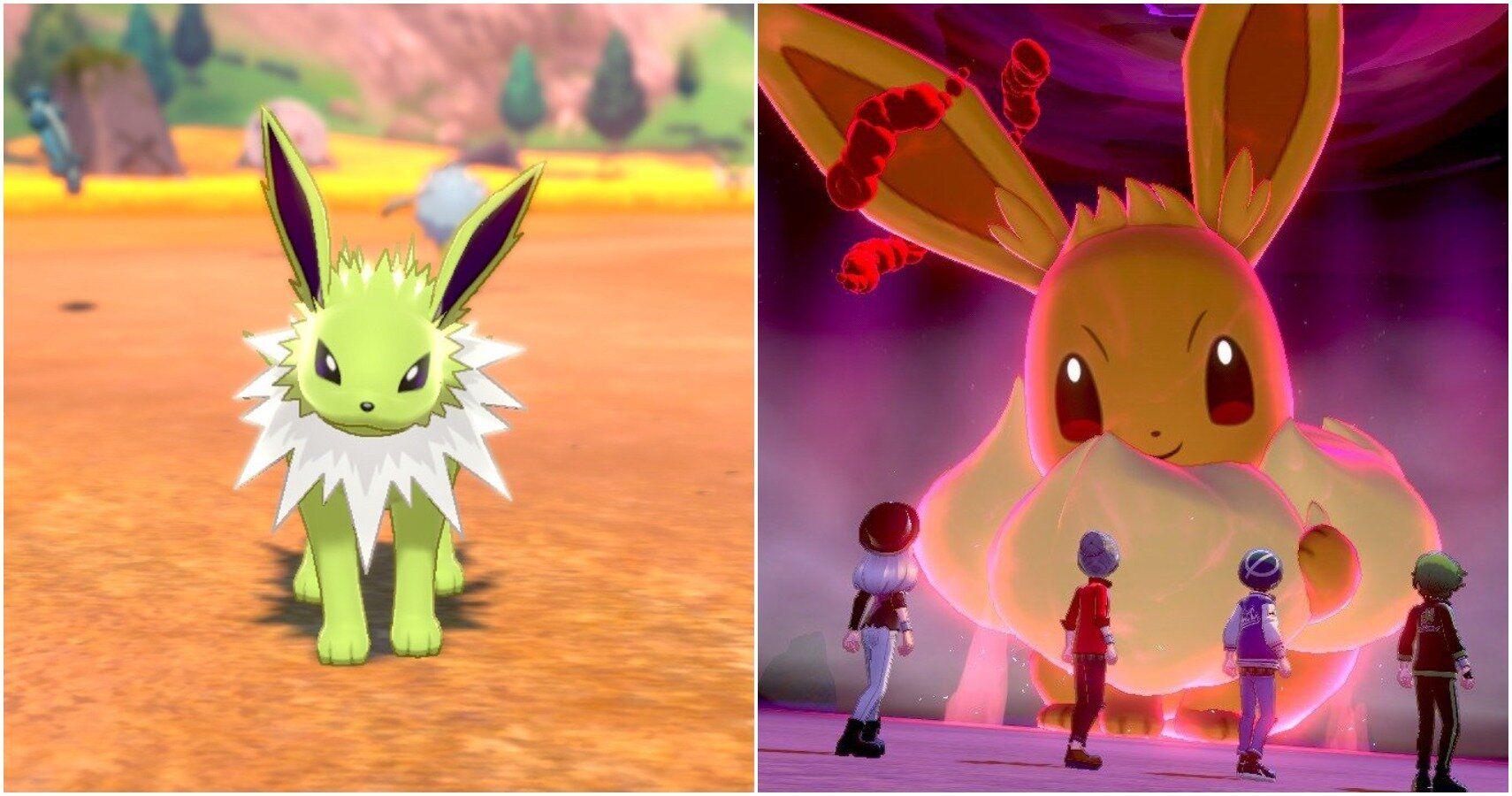 Split image of shiny Jolteon and Giganamax Eevee.