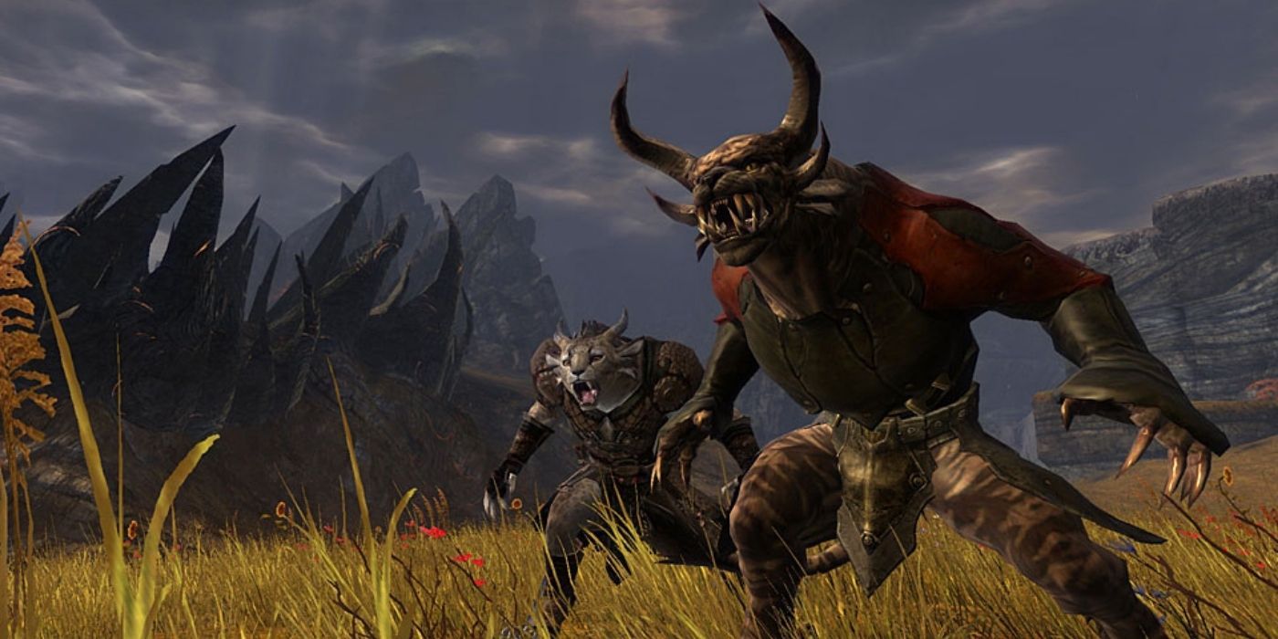 Guild Wars 2 Charr - 2 Charr (one male, one female, standing beside one another) Growling to something offscreen