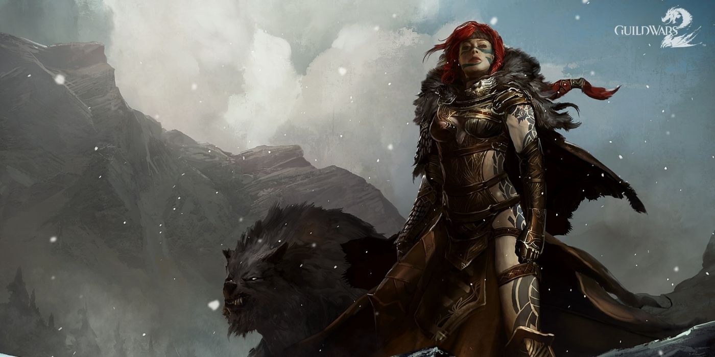 Guild Wars 2 Norn - Redheaded Norn Woman Dressed In Armour and a Cape Standing With A Wolf Who Is Growling, Surrounded By Mountains and Snow