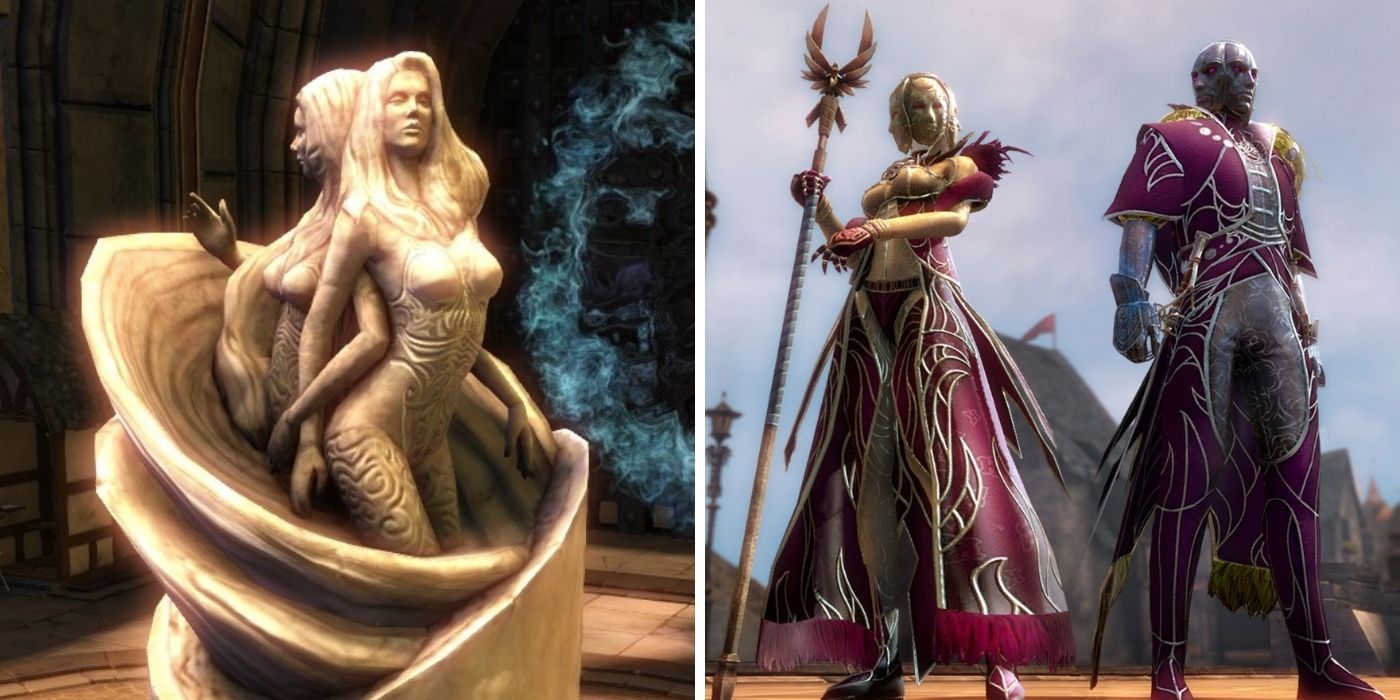 Guild Wars 2 Split Image - Statue of Lyssa on left, Male and Female Humans Wearing Lyssa's Regalia on Right