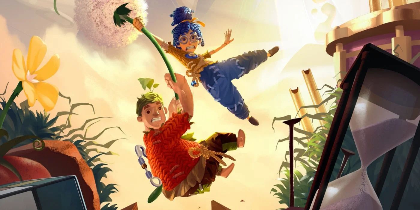 A screenshot showing Cody and May floating on a dandelion in It Takes Two