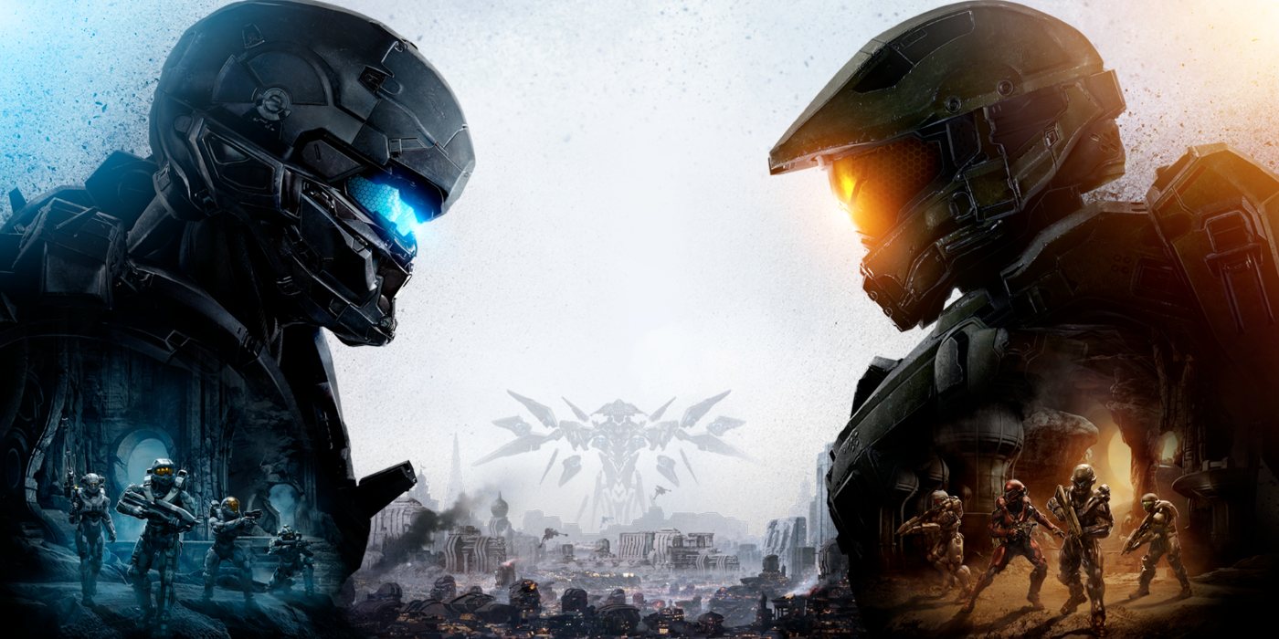 The cover art for Halo 5: Guardians, with the Master Chief and Spartan Locke facing one another over a ruined city, with a Promethean Guardian in the distance.