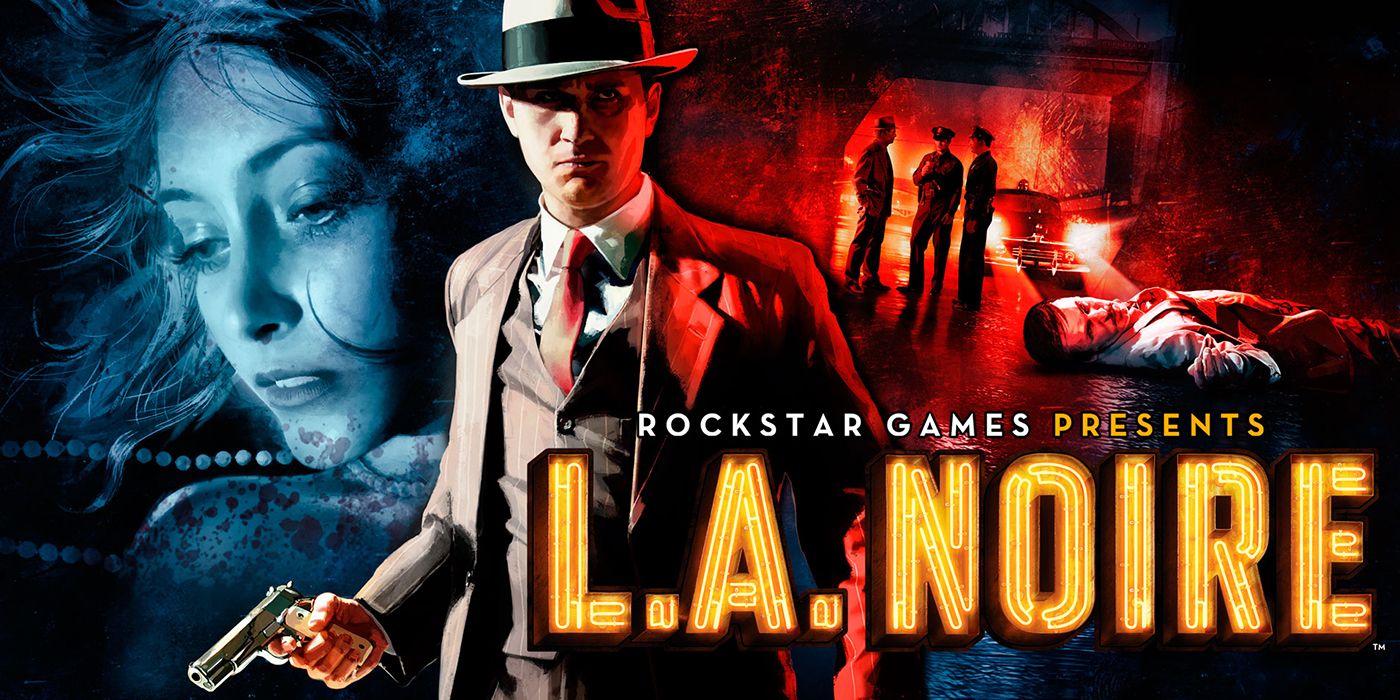 L.A. Noire Wallpaper, from left to right, a bloodied woman, Cole Phelps holding a gun, and cops standing over a murder scene