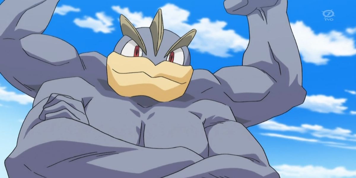 anime Machamp crossing one pair of its arms