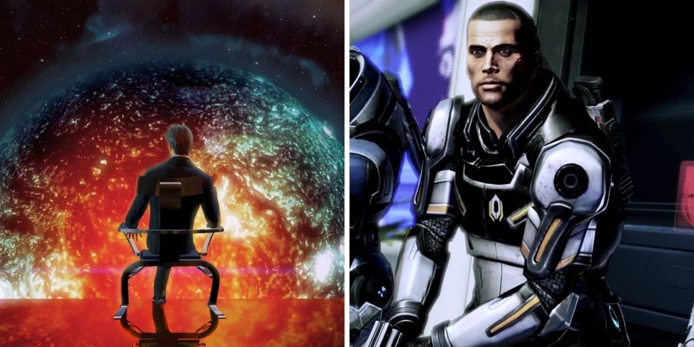 Mass Effect 10 Questions We Still Have About Cerberus Split Image - Illusive Man Sitting In His Office On Left, Shepard Wearing Cerberus Armour on Right