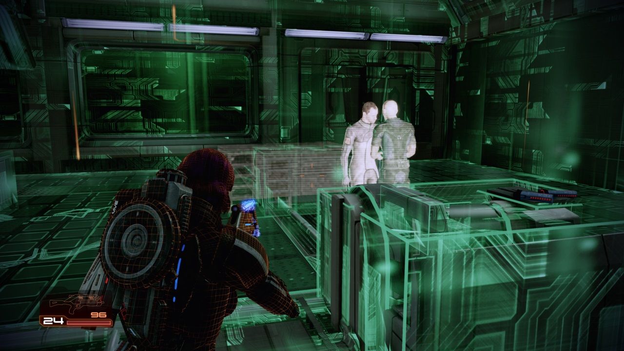 Mass Effect 2 Atlas Station, Shepard viewing one of Davi'd digital memories