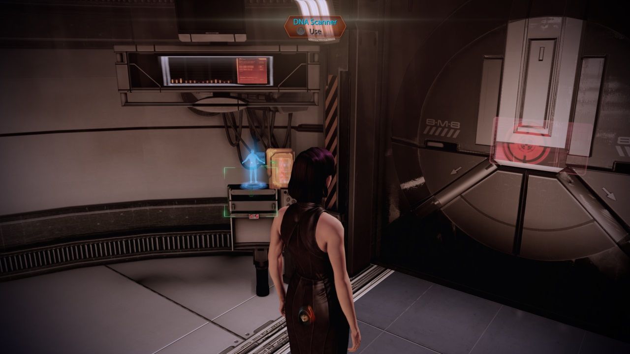 Mass Effect 2, Shepard examining the DNA scanner for the vault