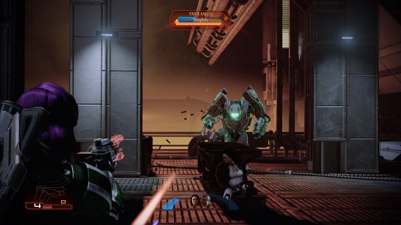 Mass Effect 2 Shepard fighting the YMIR Mech