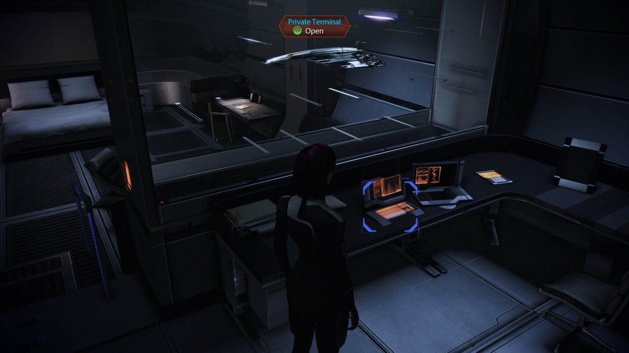 Mass Effect 2 Shepard interacting with the private terminal