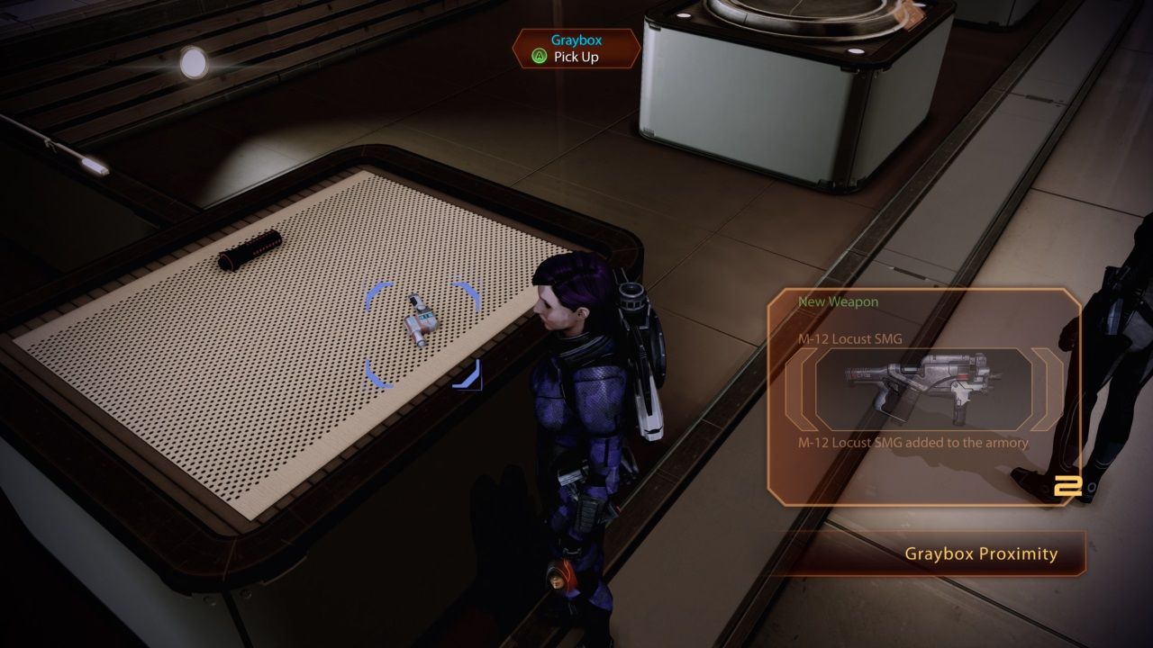 Mass Effect 2, Shepard picking up the graybox