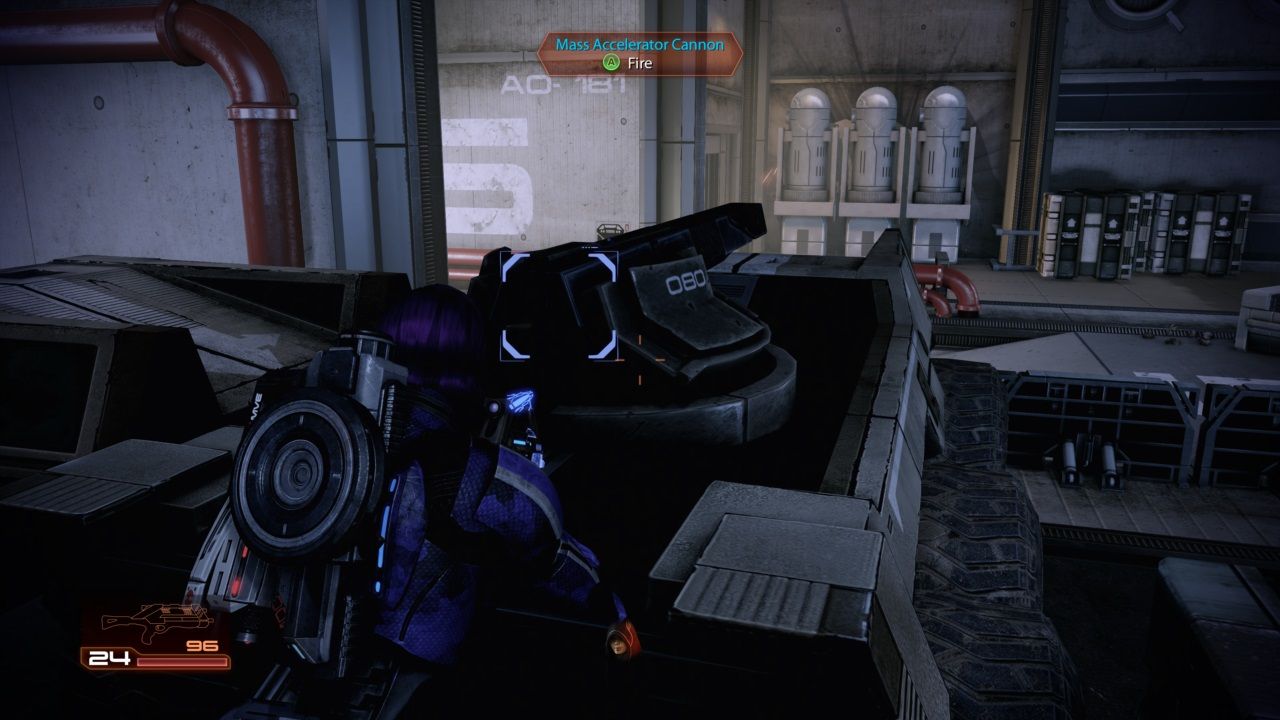 Mass Effect 2, Shepard using the Mass Accelerator Canon