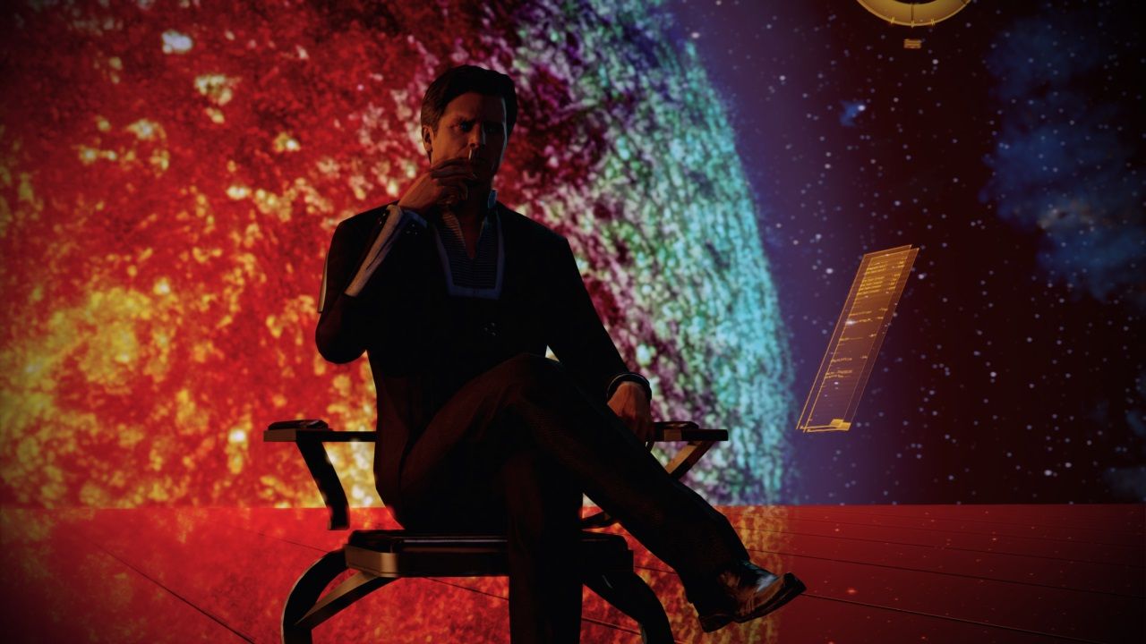 Mass Effect 2 - The Illusive Man sitting in a chair while smoking.