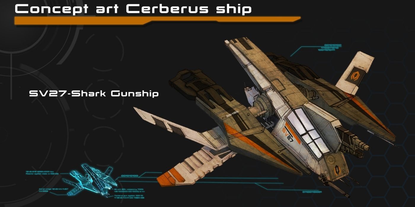 Mass Effect 3 - Concept art of a Cerberus ship with labelled parts