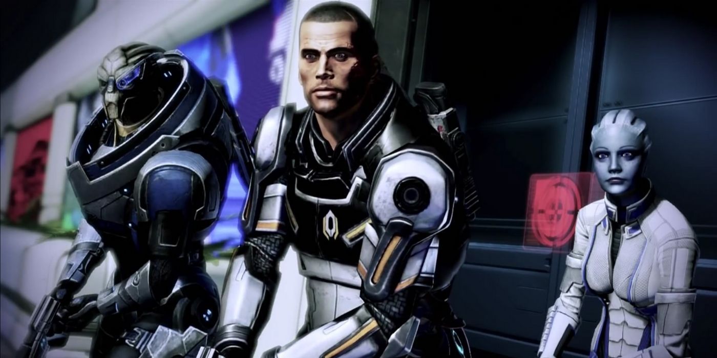 Mass Effect 3 - Shepard, Garrus, and Liara holding weapons at the ready