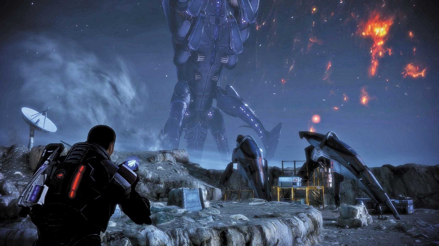 Mass Effect 3 Shepard watching a Reaper attack