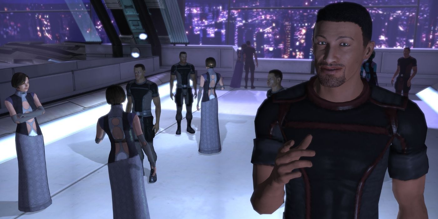 Mass Effect Citadel Our Own Worst Enemy - A man standing on the citadel looking at the camera with a crowd in the background